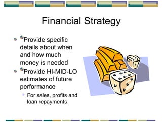 Financial Strategy
Provide specific
details about when
and how much
money is needed
Provide HI-MID-LO
estimates of future
performance


For sales, profits and
loan repayments

 