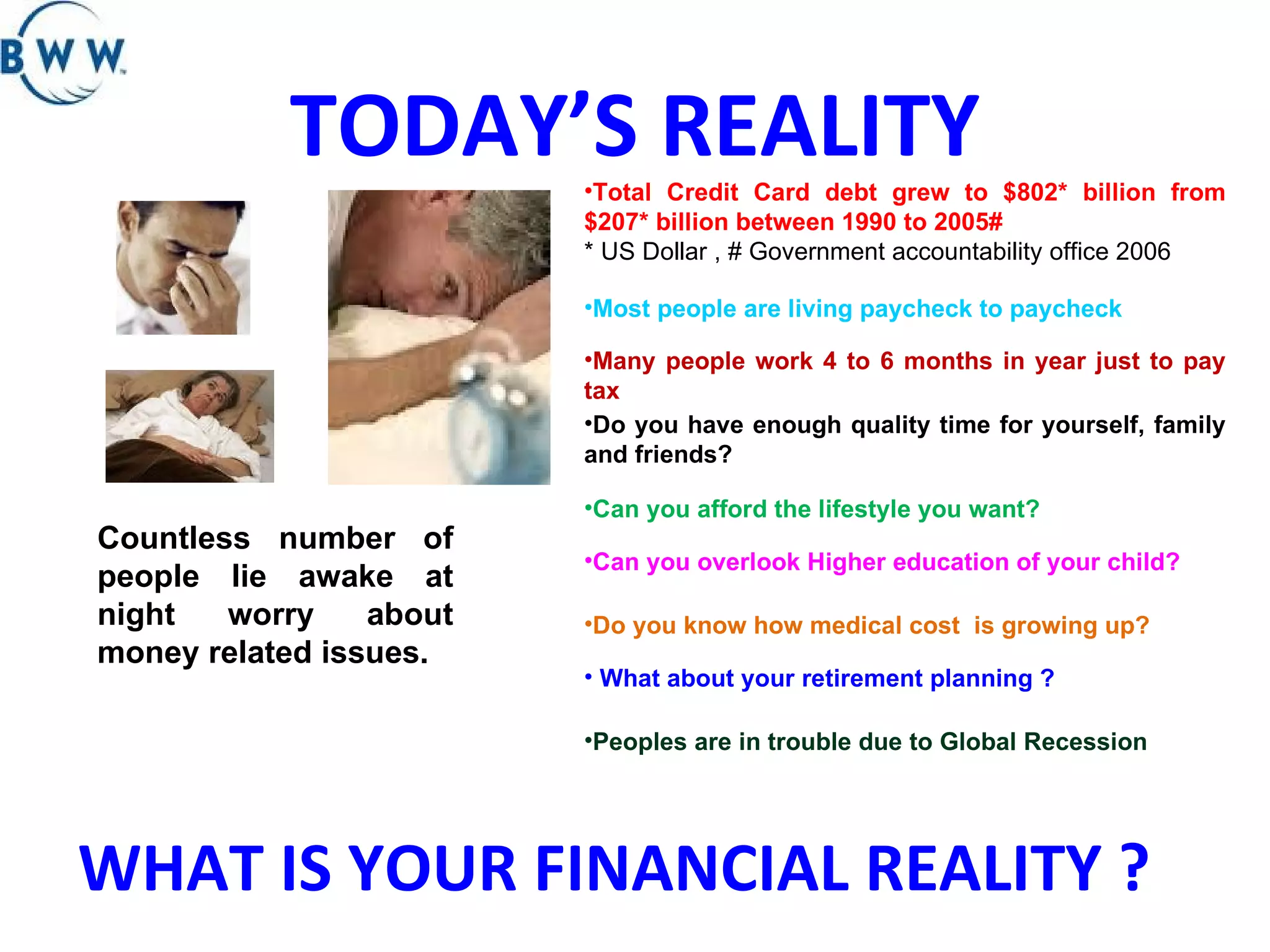 TODAY’S REALITY WHAT IS YOUR FINANCIAL REALITY ? Countless number of people lie awake at night worry about money related issues. Total Credit Card debt grew to $802* billion from $207* billion between 1990 to 2005# * US Dollar , # Government accountability office 2006 Most people are living paycheck to paycheck Many people work 4 to 6 months in year just to pay tax Do you have enough quality time for yourself, family and friends? Can you afford the lifestyle you want? Can you overlook Higher education of your child?  Do you know how medical cost  is growing up? Peoples are in trouble due to Global Recession  What about your retirement planning ? 