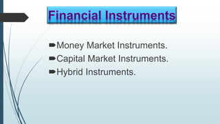 Money Market Instruments.
Capital Market Instruments.
Hybrid Instruments.
 