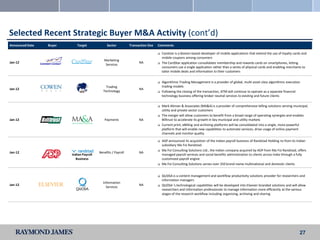 Selected Recent Strategic Buyer M&A Activity (cont’d)
Announced Date   Buyer      Target             Sector          Transaction Size   Comments

                                                                                     Cardstar is a Boston-based developer of mobile applications that extend the use of loyalty cards and
                                                                                      mobile coupons among consumers
                                             Marketing
Jan-12                                                               NA              The CardStar application consolidates membership and rewards cards on smartphones, letting
                                              Services
                                                                                      consumers use a single application rather than a series of physical cards and enabling merchants to
                                                                                      tailor mobile deals and information to their customers


                                                                                     Algorithmic Trading Management is a provider of global, multi-asset class algorithmic execution
                                              Trading                                 trading models
Jan-12                                                               NA
                                            Technology                               Following the closing of the transaction, ATM will continue to operate as a separate financial
                                                                                      technology business offering broker neutral services to existing and future clients

                                                                                     Mark Altman & Associates (MA&A) is a provider of comprehensive billing solutions serving municipal,
                                                                                      utility and private sector customers
                                                                                     The merger will allow customers to benefit from a broad range of operating synergies and enables
Jan-12                                       Payments                NA               Billtrust to accelerate its growth in key municipal and utility markets
                                                                                     Current print, eBilling and archiving platforms will be consolidated into a single, more powerful
                                                                                      platform that will enable new capabilities to automate services, drive usage of online payment
                                                                                      channels and monitor quality

                                                                                     ADP announced its acquisition of the Indian payroll business of Randstad Holding nv from its Indian
                                                                                      subsidiary Ma Foi Randstad
                                                                                     Ma Foi Consulting Solutions Ltd., the Indian company acquired by ADP from Ma Foi Randstad, offers
Jan-12                                    Benefits / Payroll         NA
                         Indian Payroll                                               managed payroll services and social benefits administration to clients across India through a fully
                           Business                                                   customized payroll engine
                                                                                     Ma Foi Consulting Solutions serves over 350 brand-name multinational and domestic clients


                                                                                     QUOSA is a content management and workflow productivity solutions provider for researchers and
                                                                                      information managers
                                            Information
Jan-12                                                               NA              QUOSA ‘s technological capabilities will be developed into Elsevier-branded solutions and will allow
                                              Services
                                                                                      researchers and information professionals to manage information more efficiently at the various
                                                                                      stages of the research workflow including organizing, archiving and sharing




                                                                                                                                                                                     27
 