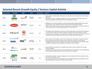 Selected Recent Growth Equity / Venture Capital Activity
Announced Date   Investor(s)   Target     Sector      Investment Size   Comments

                                                                           Karma provides a mobile platform which gives users the option to give friends gifts via iOS and Android
                                        Marketing                           applications
Feb-12                                                    $5mm
                                         Services                          Gift recipients receive a notification message and are able to customize their gift choices by color or
                                                                            style prior to shipping or exchange the gift for an entirely different product


                                                                           ROAM Data is an mCommerce Platform-as-a-Service (PaaS) provider extending physical Point of Sales
                                                                            and eCommerce to the mobile environment to help merchants find and keep customers
Feb-12                                  Payments            NA
                                                                           ROAM’s solutions allow merchants to accept card payments on mobile devices, and allow consumers to
                                                                            easily make purchases in mobile shopping applications and advertisements


                                                                           The GoPago service would allow consumers to use their mobile phones to order and pay for local goods
                                                                            or services and then show the merchant a receipt on the phone screen when picking up a purchase
Feb-12                                  Payments            NA
                                                                           In exchange for the investment of an undisclosed sum, JPMorgan Chase will be the first financial services
                                                                            company to partner with GoPago, which will also open its service to other bank partners


                                                                           FNZ is a provider of technology, transaction and custody services to the wealth management industry
                                        Investment                         FNZ’s technology, transaction and custody services enable these institutions to provide wealth
Feb-12                                                      NA
                                        Technology                          management solutions to financial advisers, end-investors and the workplace that are efficient, flexible
                                                                            and scalable, supporting market, demographic and regulatory trends worldwide



                                                                           Lumesis offers data, visualization and analytical tools and time-sensitive notifications for the fixed
                                        Information                         income marketplace
Feb-12                                                    $3mm
                                          Services                         Its DIVER product brings its clients more than 130 data sets from over 30 distinct sources regarding data
                                                                            that impact the fiscal well-being of states, counties and other municipalities



                                                                           Correlix offers RaceTeam™, a latency management service providing real-time latency visibility for buy-
                                          Trading                           side, sell-side and liquidity venues
Feb-12                                                      NA
                                        Technology                         The company's global client base encompasses the world's largest high frequency trading sell-side, buy-
                                                                            side and market centers as well as low-latency service providers




                                                                                                                                                                              33
 