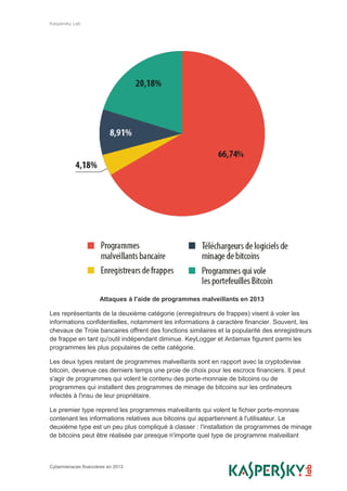 Kaspersky Lab
Cybermenaces financières en 2013
Attaques à l'aide de programmes malveillants en 2013
Les représentants de la deuxième catégorie (enregistreurs de frappes) visent à voler les
informations confidentielles, notamment les informations à caractère financier. Souvent, les
chevaux de Troie bancaires offrent des fonctions similaires et la popularité des enregistreurs
de frappe en tant qu'outil indépendant diminue. KeyLogger et Ardamax figurent parmi les
programmes les plus populaires de cette catégorie.
Les deux types restant de programmes malveillants sont en rapport avec la cryptodevise
bitcoin, devenue ces derniers temps une proie de choix pour les escrocs financiers. Il peut
s'agir de programmes qui volent le contenu des porte-monnaie de bitcoins ou de
programmes qui installent des programmes de minage de bitcoins sur les ordinateurs
infectés à l'insu de leur propriétaire.
Le premier type reprend les programmes malveillants qui volent le fichier porte-monnaie
contenant les informations relatives aux bitcoins qui appartiennent à l'utilisateur. Le
deuxième type est un peu plus compliqué à classer : l'installation de programmes de minage
de bitcoins peut être réalisée par presque n'importe quel type de programme malveillant
 