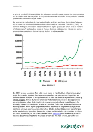 Kaspersky Lab
Cybermenaces financières en 2013
A la fin de l'année 2013, la part globale des utilisateurs attaqués chaque mois par des programmes de
vol de bitcoins et de téléchargement de programmes de minage de bitcoins a presque atteint celle des
programmes malveillants de type banker.
Le programme malveillant de type banker le plus actif tant au niveau du nombre d'attaques
qu'au niveau du nombre d'utilisateurs attaqués aura été le cheval de Troie Zbot (Zeus). Le
nombre d'attaques imputables à ses modifications a plus que doublé en un an et le nombre
d'utilisateurs qu'il a attaqué au cours de l'année dernière a dépassé les indices des autres
programmes malveillants de type banker du Top 10 mis ensemble.
Zbot, 2012-2013
En 2011, le code source de Zbot a été rendu public et il a été utilisé, et l'est encore, pour
créer de nouvelles versions du programme malveillant, ce qui exerce un impact sur les
statistiques des attaques. C'est également sur la base de Zbot que la plateforme Citadel a
été développée. Il s'agit d'une des tentatives d'adaptation des principes des applications
commerciales au milieu de la création de programmes malveillants. Les utilisateurs de
Citadel pouvaient non seulement acheter le cheval de Troie, mais également l'assistance
technique et les mises à jour qui permettaient de dissimuler le programme aux yeux des
solutions antivirus. Les ressources Internet de Citadel abritaient également les échanges
entre les pirates qui pouvaient donner des indices sur l'introduction de nouvelles fonctions.
Au début du mois de juin 2013, la société Microsoft a annoncé avec le FBI que plusieurs
réseaux de zombies importants de Citadel avaient été mis hors service, ce qui fut une
 