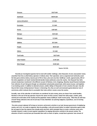 Haryana 16.67 lakh
Jharkhand 89.99 lakh
Jammu & Kashmir 1.4 lakh
Karnataka 2.1 lakh
Kerala 0.69 lakh
Manipur 0.04 lakh
Mizoram 2.3 lakh
Oddisha 10.5 lakh
Punjab 30.65 lakh
Sikkim 0.1 lakh
Tamil nadu 18.37 lakh
Uttar Pradesh 12.95 lakh
West Bengal 19.85 lakh
Source: N.C.R.B.
Recently our investigative agencies had to meet with another challenge, when thousands of crore unaccounted money
unearthed from the so called lottery operators in Kolkata alone. Their operations were so organized and technically sound
the fake game veiled as lottery, became part of life to those ,who earns less than 10,000 per month, approximately, 60% of
the entire population are found involved directly besides known profession across the country. One thousand four lakhs
amount already been transferred in the different account of Pakistan, U.A.E, Hongkong, Mauritius based financial institution
from collection of such fake game through our nationalized and privately owned bank, which proves lacunas and loopholes
in our banking system. In addition to detected amount, another dollops of thousands of crore seizedon the spot. How did
they do their money minting business? Answer is interesting; first, they are well communicated against abnormal rate of
commission, which motivate them to accomplish their tasks uniform manner across the country.
Secondly, none of the subscriber of sold tickets are considered for prize money, prizes are chosen from unsold bundles,
therefore at the end of the day operators become the owner of entire amount, looted from daily wager, vendors, petty
salaried and small traders of the locality and the population below 10,000 per month income group. What they do with hues
amount? Being collected at the end of each day? A fund, Manifolds non planning budgetary expenditure, even of existing
NAVARATNAS!!
The entire amount siphoned off to keep on terrorism and terrorist activities in our land, because government of neighboring
country and U.A.E. are ready to cooperate them by providing a safe and secured shelter to conduct destruction against India
but not agree to bear the expense from already weak sate fund, which prompted them to create a nefarious nexus and a
trustable network in order to meet required expenditure for ongoing destructive activities in the present society. The
allocation of fund in scarcity have put forwarded them with no choice of option, except how to generate hues amount of
 