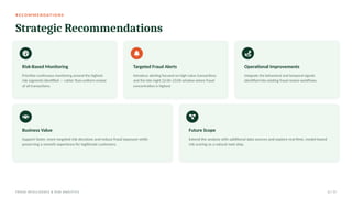 R E C O M M E N D AT I O N S
Strategic Recommendations
Risk-Based Monitoring
Prioritize continuous monitoring around the highest-
risk segments identified — rather than uniform review
of all transactions.
Targeted Fraud Alerts
Introduce alerting focused on high-value transactions
and the late-night 22:00–23:00 window where fraud
concentration is highest.
Operational Improvements
Integrate the behavioral and temporal signals
identified into existing fraud review workflows.
Business Value
Support faster, more targeted risk decisions and reduce fraud exposure while
preserving a smooth experience for legitimate customers.
Future Scope
Extend the analysis with additional data sources and explore real-time, model-based
risk scoring as a natural next step.
FRAUD INTELLIGENCE & RISK ANALYTICS 11 / 17
 