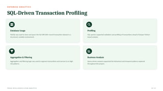D ATA B A S E A N A LY T I C S
SQL-Driven Transaction Profiling
Database Usage
MySQL was used to store and query the full 389,000+ record transaction dataset in a
structured, scalable environment.
Profiling
SQL queries supported validation and profiling of transactions ahead of deeper Python-
based analysis.
Aggregation & Filtering
Aggregation and filtering logic was used to segment transactions and narrow in on high-
risk patterns.
Business Analysis
Query-driven analysis supported the behavioral and temporal patterns explored
throughout this project.
FRAUD INTELLIGENCE & RISK ANALYTICS 07 / 17
 
