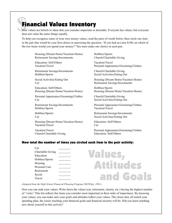 personal values worksheets