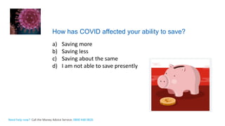 The Money Advice ServiceNeed help now? Call the Money Advice Service: 0800 448 0826
How has COVID affected your ability to save?
a) Saving more
b) Saving less
c) Saving about the same
d) I am not able to save presently
 