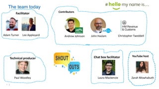 3 |
The team today
Chat box facilitator
Contributors
Adam Turner Lee Appleyard
Facilitator
Technical producer
Zarah Mowhabuth
YouTube host
Laura Mackenzie
Andrew Johnson John Haslam Christopher Tweddell
Paul Woodley
 