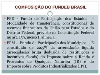 COMPOSIÇÃO DO FUNDEB BRASIL 
FPE - Fundo de Participação dos Estados - 
Modalidade de transferência constitucional de 
recursos financeiros da União para Estados e do 
Distrito Federal, previsto na Constituição Federal 
no art. 159, inciso I, alínea a . 
FPM - Fundo de Participação dos Municípios - É 
constituído de 22,5% da arrecadação líquida 
(arrecadação bruta deduzida de restituições e 
incentivos fiscais) do Imposto sobre a Renda e 
Proventos de Qualquer Natureza (IR) e do 
Imposto sobre Produtos Industrializados (IPI). 
 