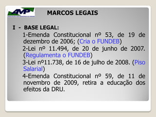 I - BASE LEGAL:
1-Emenda Constitucional nº 53, de 19 de
dezembro de 2006; (Cria o FUNDEB)
2-Lei nº 11.494, de 20 de junho de 2007.
(Regulamenta o FUNDEB)
3-Lei nº11.738, de 16 de julho de 2008. (Piso
Salarial)
4-Emenda Constitucional nº 59, de 11 de
novembro de 2009, retira a educação dos
efeitos da DRU.
MARCOS LEGAIS
 
