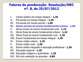 I. Creche pública em tempo integral – 1,30
II. Pré-escola em tempo integral – 1,30
III. Pré-escola em tempo parcial – 1,00
IV. Séries iniciais do ensino fundamental urbano - 1,00
V. Séries iniciais do ensino fundamental rural - 1,15
VI. Séries finais do ensino fundamental urbano - 1,10
VII. Séries finais do ensino fundamental rural - 1,20
VIII. Ensino fundamental em tempo integral - 1,30
IX. Ensino médio urbano - 1,25
X. Ensino médio rural - 1,30
XI. Ensino médio integrado à educação profissional - 1,30
XII. Educação especial - 1,20
XIII. Educação indígena e quilombola - 1,20
XIV. EJA com avaliação no processo - 0,80
Fatores de ponderação- Resolução/MEC
nº. 8, de 25/07/2012
 