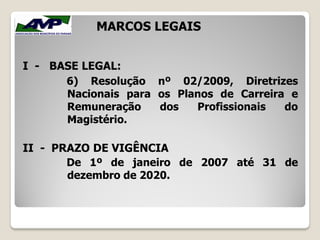 I - BASE LEGAL:
6) Resolução nº 02/2009, Diretrizes
Nacionais para os Planos de Carreira e
Remuneração dos Profissionais do
Magistério.
II - PRAZO DE VIGÊNCIA
De 1º de janeiro de 2007 até 31 de
dezembro de 2020.
MARCOS LEGAIS
 