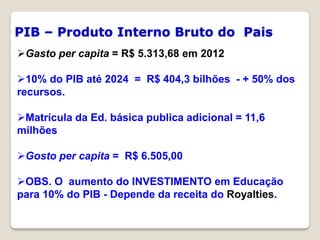 PIB – Produto Interno Bruto do Pais
Gasto per capita = R$ 5.313,68 em 2012
10% do PIB até 2024 = R$ 404,3 bilhões - + 50% dos
recursos.
Matrícula da Ed. básica publica adicional = 11,6
milhões
Gosto per capita = R$ 6.505,00
OBS. O aumento do INVESTIMENTO em Educação
para 10% do PIB - Depende da receita do Royalties.
 