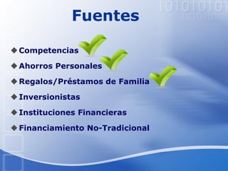 Fuentes
Competencias
Ahorros Personales
Regalos/Préstamos de Familia
Inversionistas
Instituciones Financieras
Financiamiento No-Tradicional
 