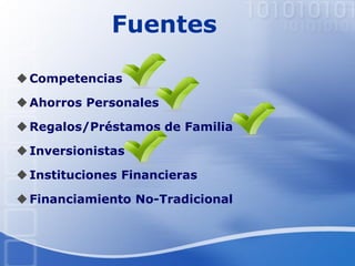 Fuentes
Competencias
Ahorros Personales
Regalos/Préstamos de Familia
Inversionistas
Instituciones Financieras
Financiamiento No-Tradicional
 