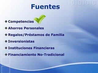Fuentes
Competencias
Ahorros Personales
Regalos/Préstamos de Familia
Inversionistas
Instituciones Financieras
Financiamiento No-Tradicional
 