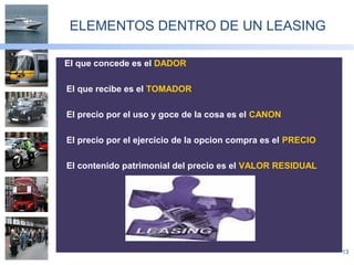 13
ELEMENTOS DENTRO DE UN LEASING
El que concede es el DADOR
 El que recibe es el TOMADOR
 El precio por el uso y goce de la cosa es el CANON
 El precio por el ejercicio de la opcion compra es el PRECIO
 El contenido patrimonial del precio es el VALOR RESIDUAL
 