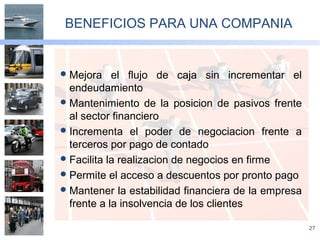 27
BENEFICIOS PARA UNA COMPANIA
Mejora el flujo de caja sin incrementar el
endeudamiento
Mantenimiento de la posicion de pasivos frente
al sector financiero
Incrementa el poder de negociacion frente a
terceros por pago de contado
Facilita la realizacion de negocios en firme
Permite el acceso a descuentos por pronto pago
Mantener la estabilidad financiera de la empresa
frente a la insolvencia de los clientes
 