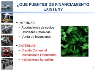 5
¿QUE FUENTES DE FINANCIAMIENTO
EXISTEN?
INTERNAS:
– Aportaciones de socios
– Utilidades Retenidas
– Venta de Inversiones
EXTERNAS
– Credito Comercial
– Instituciones Financieras
– Instituciones bursatiles
 