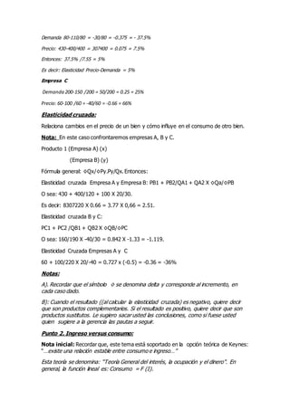 Demanda 80-110/80 = -30/80 = -0.375 = - 37.5%
Precio: 430-400/400 = 307400 = 0.075 = 7.5%
Entonces: 37.5% /7.55 = 5%
Es decir: Elasticidad Precio-Demanda = 5%
Empresa C
Demanda 200-150 /200 = 50/200 = 0.25 = 25%
Precio: 60-100 /60 = -40/60 = -0.66 = 66%
Elasticidad cruzada:
Relaciona cambios en el precio de un bien y cómo influye en el consumo de otro bien.
Nota: En este caso confrontaremos empresas A, B y C.
Producto 1 (Empresa A) (x)
(Empresa B) (y)
Fórmula general: ◊Qx/◊Py.Py/Qx. Entonces:
Elasticidad cruzada Empresa A y Empresa B: PB1 + PB2/QA1 + QA2 X ◊Qa/◊PB
O sea: 430 + 400/120 + 100 X 20/30.
Es decir: 8307220 X 0.66 = 3.77 X 0,66 = 2.51.
Elasticidad cruzada B y C:
PC1 + PC2 /QB1 + QB2 X ◊QB/◊PC
O sea: 160/190 X -40/30 = 0.842 X -1.33 = -1.119.
Elasticidad Cruzada Empresas A y C
60 + 100/220 X 20/-40 = 0.727 x (-0.5) = -0.36 = -36%
Notas:
A). Recordar que el símbolo ◊ se denomina delta y corresponde al incremento, en
cada caso dado.
B): Cuando el resultado ((al calcular la elasticidad cruzada) es negativo, quiere decir
que son productos complementarios. Si el resultado es positivo, quiere decir que son
productos sustitutos. Le sugiero sacar usted las conclusiones, como si fuese usted
quien sugiere a la gerencia las pautas a seguir.
Punto 2. Ingreso versus consumo:
Nota inicial: Recordar que, este tema está soportado en la opción teórica de Keynes:
“…existe una relación estable entre consumo e ingreso…”
Esta teoría se denomina: “Teoría General del interés, la ocupación y el dinero”. En
general, la función lineal es: Consumo = F (I).
 