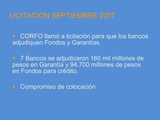 LICITACION SEPTIEMBRE 2007

   CORFO llamó a licitación para que los bancos
adjudiquen Fondos y Garantías.

   7 Bancos se...