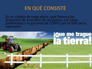 EN QUÉ CONSISTE
Es un crédito de largo plazo, que financia los 
proyectos de inversión de las pymes, con tasas 
preferente...
