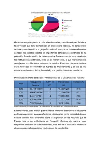 Garantizar un presupuesto acorde a las demandas y desafíos del país fortalece
la proyección que tiene la institución en el escenario nacional, no solo porque
se hace presente en toda la geografía nacional, sino porque favorece el acceso
de todos los estratos sociales sin importar las condiciones económicas de la
población. En este sentido, la Universidad de Panamá compite en el mundo de
las instituciones académicas, entre las de menor costo, lo que representa una
ventaja para la población de esta casa de estudios. Pero, esto mismo se traduce
en la necesidad de optimizar las fuentes de financiamiento y el uso de los
recursos con base a criterios de calidad y una gestión basada en resultados.
Presupuesto General del Estado y Presupuesto de la Universidad de Panamá
Años
Presupuesto
General
% UP en
PG
Presupuesto
UP
Variación %
2010 10,574,940,600 1.6 164,600,200 2.46
2011 13,009,299,204 1.3 171,546,200 4,22
2012 14,451,167,601 1.2 176,000,300 2.60
2013 16,283,923,467 1.1 177,321,100 0.75
2014 17,762,905,404 1.0 182,219,700 2.76
Fuente: Datos de la Contraloría General y del Departamento de Planificación de la Universidad de Panamá
En este sentido, cabe reiterar que del análisis financiero destinado a la educación
en Panamá emergen algunas reflexiones relacionadas con la necesidad de que
existan criterios más racionales sobre la asignación de los recursos que el
Estado hace a las instituciones de Educación Superior de manera que
respondan a razones de costo/efectividad, más allá de la tradicional referencia
al presupuesto del año anterior y del número de estudiantes.
 