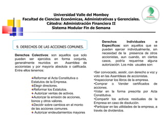 Universidad Valle del Momboy Facultad de Ciencias Económicas, Administrativas y Gerenciales. Cátedra: Administración Financiera II Sistema Modular Fin de Semana 9. DERECHOS DE LAS ACCIONES COMUNES. Derechos Colectivos : son aquellos que solo pueden ser ejercidos en forma conjunta, generalmente reunidos en  Asamblea de accionistas y por mayoría absoluta o calificada. Entre ellos tenemos:  Reformar el Acta Constitutiva o Estatutos de la Empresa.  Elegir directores.  Reformar los Estatutos.  Autorizar ventas de activos.  Autorizar la emisión de acciones, bonos y otros valores.  Decidir sobre cambios en el monto de las acciones comunes.  Autorizar endeudamientos mayores  Derechos Individuales o Específicos : son aquellos que se pueden ejercer individualmente, sin necesidad de la  presencia de otros accionistas, aun cuando, en ciertos casos, podría requerirse alguna autorización. Los más  usuales son: Ser convocado, asistir, con derecho a voz y voto en las Asambleas de accionistas. Inspeccionar los libros de la empresa.  Comprar o Vender certificados de acciones.  Votar en la forma prescrita por Acta Constitutiva.  Compartir los activos residuales de la Empresa en caso de disolución.  Participar en las utilidades de la empresa, a través de dividendos.  