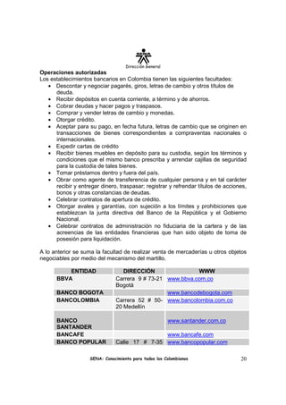 Dirección General
Operaciones autorizadas
Los establecimientos bancarios en Colombia tienen las siguientes facultades:
   ...
