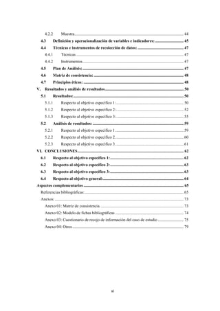 xi
4.2.2 Muestra........................................................................................................... 44
4.3 Definición y operacionalización de variables e indicadores:............................ 45
4.4 Técnicas e instrumentos de recolección de datos: ............................................. 47
4.4.1 Técnicas ......................................................................................................... 47
4.4.2 Instrumentos................................................................................................... 47
4.5 Plan de Análisis:................................................................................................... 47
4.6 Matriz de consistencia: ........................................................................................ 48
4.7 Principios éticos: .................................................................................................. 48
V. Resultados y análisis de resultados............................................................................. 50
5.1 Resultados:............................................................................................................ 50
5.1.1 Respecto al objetivo específico 1:.................................................................. 50
5.1.2 Respecto al objetivo específico 2:.................................................................. 52
5.1.3 Respecto al objetivo específico 3:.................................................................. 55
5.2 Análisis de resultados: ......................................................................................... 59
5.2.1 Respecto al objetivo específico 1................................................................... 59
5.2.2 Respecto al objetivo específico 2................................................................... 60
5.2.3 Respecto al objetivo específico 3................................................................... 61
VI. CONCLUSIONES........................................................................................................ 62
6.1 Respecto al objetivo específico 1:........................................................................ 62
6.2 Respecto al objetivo específico 2:........................................................................ 63
6.3 Respecto al objetivo específico 3:........................................................................ 63
6.4 Respecto al objetivo general:............................................................................... 64
Aspectos complementarios .................................................................................................. 65
Referencias bibliográficas:................................................................................................. 65
Anexos: .............................................................................................................................. 73
Anexo 01: Matriz de consistencia.................................................................................. 73
Anexo 02: Modelo de fichas bibliográficas ................................................................... 74
Anexo 03: Cuestionario de recojo de información del caso de estudio ......................... 75
Anexo 04: Otros............................................................................................................. 79
 