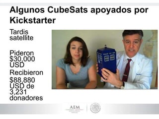 Algunos CubeSats apoyados por
Kickstarter
Tardis
satellite
Pideron
$30,000
USD
Recibieron
$88,880
USD de
3,231
donadores
 