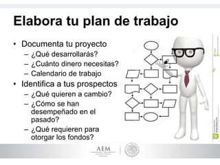 Elabora tu plan de trabajo
• Documenta tu proyecto
– ¿Qué desarrollarás?
– ¿Cuánto dinero necesitas?
– Calendario de trabajo
• Identifica a tus prospectos
– ¿Qué quieren a cambio?
– ¿Cómo se han
desempeñado en el
pasado?
– ¿Qué requieren para
otorgar los fondos?
 