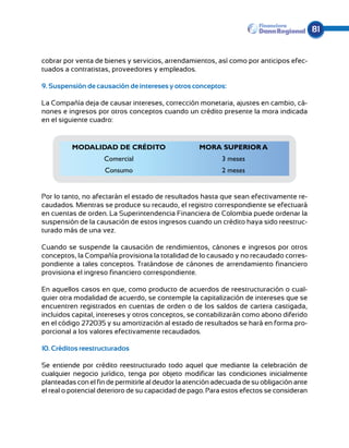 81


cobrar por venta de bienes y servicios, arrendamientos, así como por anticipos efec-
tuados a contratistas, proveedores y empleados.

9. Suspensión de causación de intereses y otros conceptos:

La Compañía deja de causar intereses, corrección monetaria, ajustes en cambio, cá-
nones e ingresos por otros conceptos cuando un crédito presente la mora indicada
en el siguiente cuadro:


          MODALIDAD DE CRÉDITO                      MORA SUPERIOR A
                    Comercial                               3 meses
                     Consumo                                2 meses


Por lo tanto, no afectarán el estado de resultados hasta que sean efectivamente re-
caudados. Mientras se produce su recaudo, el registro correspondiente se efectuará
en cuentas de orden. La Superintendencia Financiera de Colombia puede ordenar la
suspensión de la causación de estos ingresos cuando un crédito haya sido reestruc-
turado más de una vez.

Cuando se suspende la causación de rendimientos, cánones e ingresos por otros
conceptos, la Compañía provisiona la totalidad de lo causado y no recaudado corres-
pondiente a tales conceptos. Tratándose de cánones de arrendamiento financiero
provisiona el ingreso financiero correspondiente.

En aquellos casos en que, como producto de acuerdos de reestructuración o cual-
quier otra modalidad de acuerdo, se contemple la capitalización de intereses que se
encuentren registrados en cuentas de orden o de los saldos de cartera castigada,
incluidos capital, intereses y otros conceptos, se contabilizarán como abono diferido
en el código 272035 y su amortización al estado de resultados se hará en forma pro-
porcional a los valores efectivamente recaudados.

10. Créditos reestructurados

Se entiende por crédito reestructurado todo aquel que mediante la celebración de
cualquier negocio jurídico, tenga por objeto modificar las condiciones inicialmente
plan­teadas con el fin de permitirle al deudor la atención adecuada de su obligación ante
el real o potencial deterioro de su capacidad de pago. Para estos efectos se consideran
 
