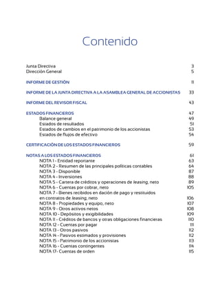 Contenido
Junta Directiva	                                                        3
Dirección General	                                                      5

Informe de gestión	11

Informe de la Junta Directiva a la Asamblea General de Accionistas	33

Informe del Revisor Fiscal	43

Estados financieros	47
	     Balance general	                                                 49
	     Estados de resultados	                                           51
	     Estados de cambios en el patrimonio de los accionistas	          53
	     Estados de flujos de efectivo	                                   54

Certificación de los Estados Financieros	59

Notas a los estados financieros	                                       61
	     NOTA 1 - Entidad reportante	                                    63
	     NOTA 2 - Resumen de las principales políticas contables	        64
	     NOTA 3 - Disponible	                                            87
	     NOTA 4 - Inversiones	                                           88
	     NOTA 5 - Cartera de créditos y operaciones de leasing, neto	89
	     NOTA 6 - Cuentas por cobrar, neto	                             105
	     NOTA 7 - Bienes recibidos en dación de pago y restituidos 				
	     en contratos de leasing, neto	                                 106
	     NOTA 8 - Propiedades y equipo, neto	                           107
	     NOTA 9 - Otros activos netos	                                  108
	     NOTA 10 - Depósitos y exigibilidades	                          109
	     NOTA 11 - Créditos de bancos y otras obligaciones financieras	  110
	     NOTA 12 - Cuentas por pagar	                                     111
	     NOTA 13 - Otros pasivos	                                        112
	     NOTA 14 - Pasivos estimados y provisiones	                      112
	     NOTA 15 - Patrimonio de los accionistas	                        113
	     NOTA 16 - Cuentas contingentes	                                 114
	     NOTA 17- Cuentas de orden	                                      115
 