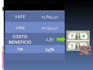 VAFE 15.894,52  VAN 10.354,52  COSTO BENEFICIO 2,87 TIR 24% 