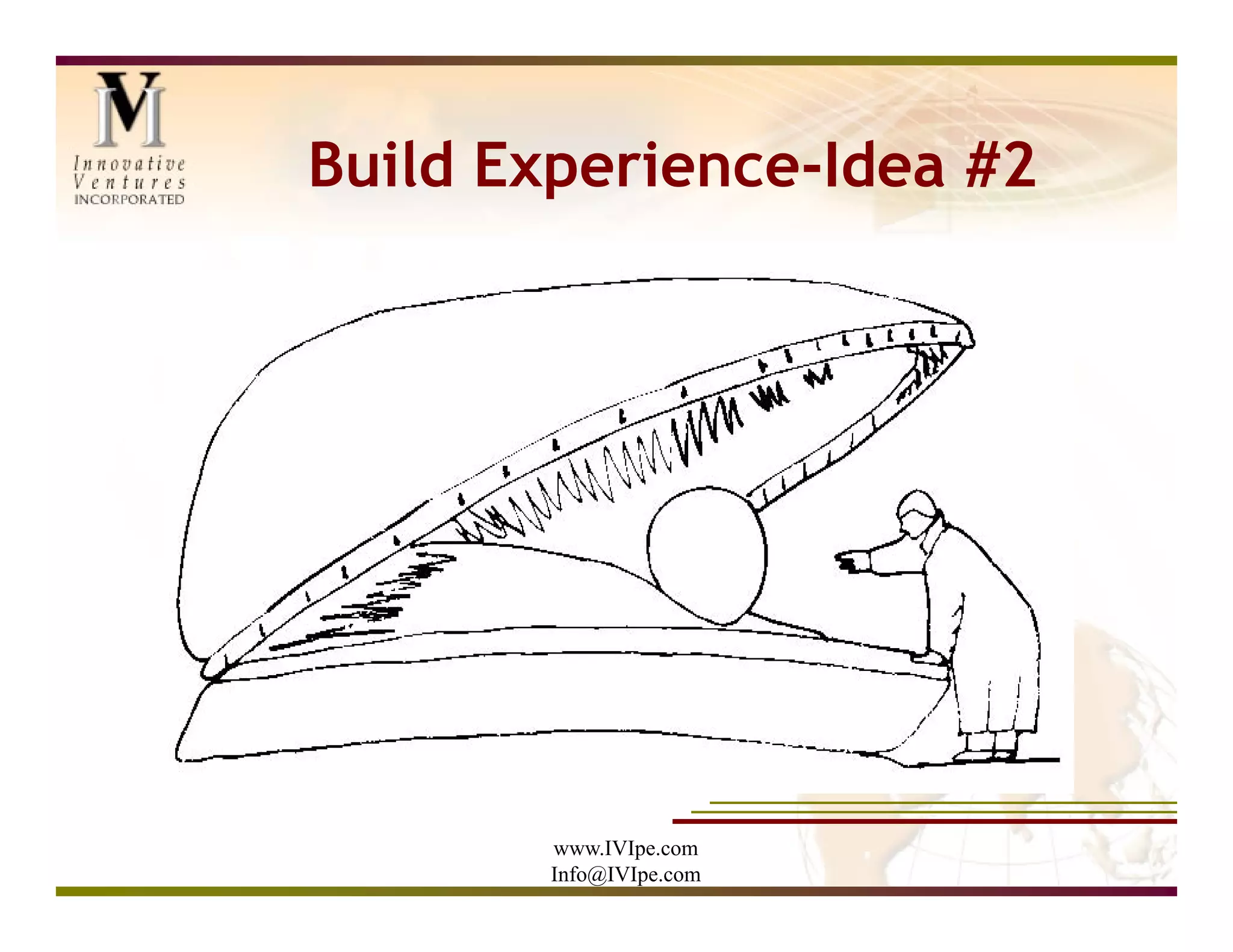 Build Experience-Idea #2




       www.IVIpe.com
       Info@IVIpe.com
 