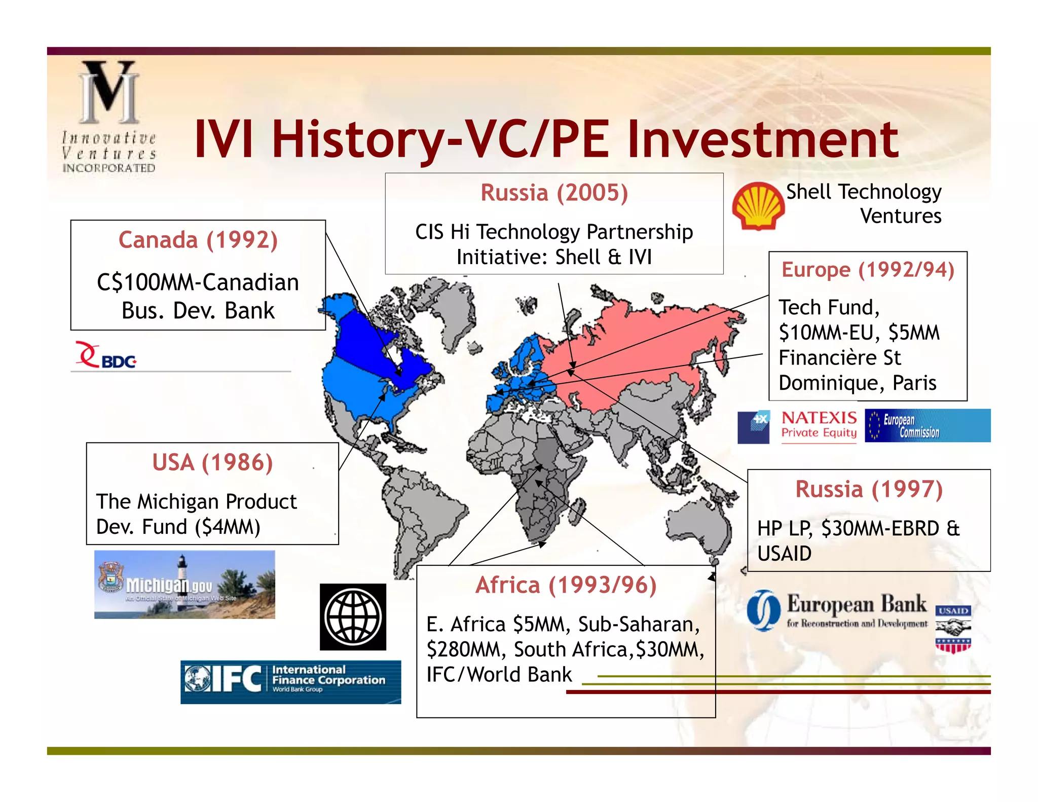 IVI History-VC/PE Investment
                             Russia (2005)               Shell Technology
                                                                 Ventures
  Canada (1992)        CIS Hi Technology Partnership
                           Initiative: Shell & IVI
                                                         Europe (1992/94)
C$100MM-Canadian
  Bus. Dev. Bank                                        Tech Fund,
                                                        $10MM-EU, $5MM
                                                        Financière St
                                                        Dominique, Paris


     USA (1986)
The Michigan Product
                                                          Russia (1997)
Dev. Fund ($4MM)                                       HP LP, $30MM-EBRD &
                                                       USAID
                             Africa (1993/96)
                        E. Africa $5MM, Sub-Saharan,
                        $280MM, South Africa,$30MM,
                        IFC/World Bank
 