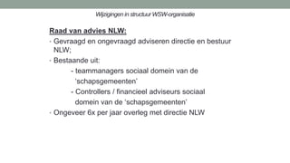 Wijzigingen in structuur WSW-organisatie
Raad van advies NLW:
• Gevraagd en ongevraagd adviseren directie en bestuur
NLW;
• Bestaande uit:
- teammanagers sociaal domein van de
‘schapsgemeenten’
- Controllers / financieel adviseurs sociaal
domein van de ‘schapsgemeenten’
• Ongeveer 6x per jaar overleg met directie NLW
 