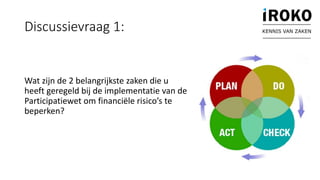 Discussievraag 1:
Wat zijn de 2 belangrijkste zaken die u
heeft geregeld bij de implementatie van de
Participatiewet om financiële risico’s te
beperken?
KENNIS VAN ZAKEN
 