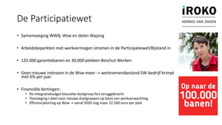 • Samenvoeging WWB, Wsw en delen Wajong
• Arbeidsbeperkten met werkvermogen stromen in de Participatiewet/Bijstand in
• 125.000 garantiebanen en 30.000 plekken Beschut Werken
• Geen nieuwe instroom in de Wsw meer -> werknemersbestand SW-bedrijf krimpt
met 6% per jaar.
• Financiële kortingen:
• Re-integratiebudget klassieke doelgroep fors teruggebracht
• Toevoeging I-deel voor nieuwe doelgroepen op basis van werkverwachting
• Efficiencykorting op Wsw -> vanaf 2020 nog maar 22.500 euro per plek
De Participatiewet KENNIS VAN ZAKEN
 