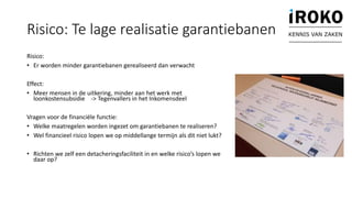 Risico: Te lage realisatie garantiebanen
Risico:
• Er worden minder garantiebanen gerealiseerd dan verwacht
Effect:
• Meer mensen in de uitkering, minder aan het werk met
loonkostensubsidie -> Tegenvallers in het Inkomensdeel
Vragen voor de financiële functie:
• Welke maatregelen worden ingezet om garantiebanen te realiseren?
• Wel financieel risico lopen we op middellange termijn als dit niet lukt?
• Richten we zelf een detacheringsfaciliteit in en welke risico’s lopen we
daar op?
KENNIS VAN ZAKEN
 
