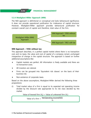 © The Institute of Chartered Accountants of India
Value of a firm =
NetOperating Income(NOI)
K0
FINANCIAL MANAGEMENT
5.2.4 Modigliani-Miller Approach (MM)
The NOI approach is definitional or conceptual and lacks behavioural significance.
It does not provide operational justification for irrelevance of capital structure.
However, Modigliani-Miller approach provides behavioural justification for
constant overall cost of capital and therefore, total value of the firm.
Modigliani-Miller (MM)
Approach
MM Approach -1958: without
tax
MM Approach- 1963: with tax
MM Approach – 1958: without tax:
This approach describes, in a perfect capital market where there is no transaction
cost and no taxes, the value and cost of capital of a company remain unchanged
irrespective of change in the capital structure. The approach is based on further
additional assumptions like:
 Capital markets are perfect. All information is freely available and there are
no transaction costs.
 All investors are rational.
 Firms can be grouped into ‘Equivalent risk classes’ on the basis of their
business risk.
 Non-existence of corporate taxes.
Based on the above assumptions, Modigliani-Miller derived the following three
propositions:
(i) Total market value of a firm is equal to its expected net operating income
divided by the discount rate appropriate to its risk class decided by the
market.
Value of levered firm (Vg) = Value of unlevered firm (Vu)
5.14
 