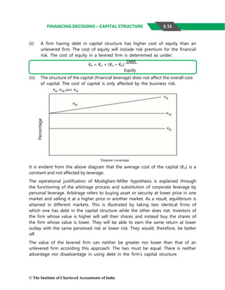 © The Institute of Chartered Accountants of India
FINANCING DECISIONS – CAPITAL STRUCTURE
(ii) A firm having debt in capital structure has higher cost of equity than an
unlevered firm. The cost of equity will include risk premium for the financial
risk. The cost of equity in a levered firm is determined as under:
Ke = Ko + (Ko – Kd)
Debt
Equity
(iii) The structure of the capital (financial leverage) does not affect the overall cost
of capital. The cost of capital is only affected by the business risk.
It is evident from the above diagram that the average cost of the capital (Ko) is a
constant and not affected by leverage.
The operational justification of Modigliani-Miller hypothesis is explained through
the functioning of the arbitrage process and substitution of corporate leverage by
personal leverage. Arbitrage refers to buying asset or security at lower price in one
market and selling it at a higher price in another market. As a result, equilibrium is
attained in different markets. This is illustrated by taking two identical firms of
which one has debt in the capital structure while the other does not. Investors of
the firm whose value is higher will sell their shares and instead buy the shares of
the firm whose value is lower. They will be able to earn the same return at lower
outlay with the same perceived risk or lower risk. They would, therefore, be better
off.
The value of the levered firm can neither be greater nor lower than that of an
unlevered firm according this approach. The two must be equal. There is neither
advantage nor disadvantage in using debt in the firm’s capital structure.
5.15
Percentage
 