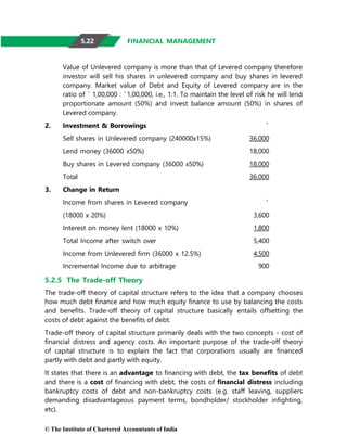 © The Institute of Chartered Accountants of India
FINANCIAL MANAGEMENT
Value of Unlevered company is more than that of Levered company therefore
investor will sell his shares in unlevered company and buy shares in levered
company. Market value of Debt and Equity of Levered company are in the
ratio of ` 1,00,000 : `1,00,000, i.e., 1:1. To maintain the level of risk he will lend
proportionate amount (50%) and invest balance amount (50%) in shares of
Levered company.
2. Investment & Borrowings `
Sell shares in Unlevered company (240000x15%) 36,000
Lend money (36000 x50%) 18,000
Buy shares in Levered company (36000 x50%) 18,000
Total 36,000
3. Change in Return
Income from shares in Levered company `
(18000 x 20%) 3,600
Interest on money lent (18000 x 10%) 1,800
Total Income after switch over 5,400
Income from Unlevered firm (36000 x 12.5%) 4,500
Incremental Income due to arbitrage 900
5.2.5 The Trade-off Theory
The trade-off theory of capital structure refers to the idea that a company chooses
how much debt finance and how much equity finance to use by balancing the costs
and benefits. Trade-off theory of capital structure basically entails offsetting the
costs of debt against the benefits of debt.
Trade-off theory of capital structure primarily deals with the two concepts - cost of
financial distress and agency costs. An important purpose of the trade-off theory
of capital structure is to explain the fact that corporations usually are financed
partly with debt and partly with equity.
It states that there is an advantage to financing with debt, the tax benefits of debt
and there is a cost of financing with debt, the costs of financial distress including
bankruptcy costs of debt and non-bankruptcy costs (e.g. staff leaving, suppliers
demanding disadvantageous payment terms, bondholder/ stockholder infighting,
etc).
5.22
 