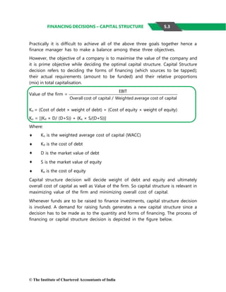 © The Institute of Chartered Accountants of India
Value of the firm =
EBIT
Overall cost of capital / Weighted average cost of capital
Ko = (Cost of debt × weight of debt) + (Cost of equity × weight of equity)
Ko = [{Kd × D/ (D+S)} + {Ke × S/(D+S)}]
FINANCING DECISIONS – CAPITAL STRUCTURE
Practically it is difficult to achieve all of the above three goals together hence a
finance manager has to make a balance among these three objectives.
However, the objective of a company is to maximise the value of the company and
it is prime objective while deciding the optimal capital structure. Capital Structure
decision refers to deciding the forms of financing (which sources to be tapped);
their actual requirements (amount to be funded) and their relative proportions
(mix) in total capitalisation.
Where:
 Ko is the weighted average cost of capital (WACC)
 Kd is the cost of debt
 D is the market value of debt
 S is the market value of equity
 Ke is the cost of equity
Capital structure decision will decide weight of debt and equity and ultimately
overall cost of capital as well as Value of the firm. So capital structure is relevant in
maximizing value of the firm and minimizing overall cost of capital.
Whenever funds are to be raised to finance investments, capital structure decision
is involved. A demand for raising funds generates a new capital structure since a
decision has to be made as to the quantity and forms of financing. The process of
financing or capital structure decision is depicted in the figure below.
5.3
 