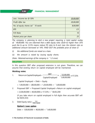 © The Institute of Chartered Accountants of India
Debt+Equity
FINANCIAL MANAGEMENT
Less : Income tax @ 50% 20,00,000
Profit After tax 20,00,000
No. of equity shares (of ` 10 each) 8,00,000
EPS 2.5
P/E Ratio 10
Market price per share 25
The company is planning to start a new project requiring a total capital outlay
of ` 40,00,000. You are informed that a debt equity ratio (D/D+E) higher than 35%
push the Ke up to 12.5% means reduce PE ratio to 8 and rises the interest rate on
additional amount borrowed at 14%. FIND OUT the probable price of share if:
(i) the additional funds are raised as a loan.
(ii) the amount is raised by issuing equity shares.
(Note : Retained earnings of the company is ` 1.2 crore)
SOLUTION
In this question EBIT after proposed extension is not given. Therefore, we can
assume that existing return on capital employed will be maintained.
Working notes:
1. Return on Capital Employed 
EBIT
=
Capital Employed
Capital Employed = Debt + Equity
`52,00,000
=17.33%
`3,00,00,000
= 1,00,00,000 + (80,00,000 + 1,20,00,000) = ` 3,00,00,000
2. Proposed EBIT = Proposed Capital Employed x Return on capital employed
= (3,00,00,000 + 40,00,000) x 17.33% = ` 58,92,200
(if you take return on capital employed in full digits then accurate EBIT will
be 58,93,333)
3. Debt Equtiy ratio= Debt
Option1: Loan option
Debt = 1,00,00,000 + 40,00,000 = `1,40,00,000
5.36
 