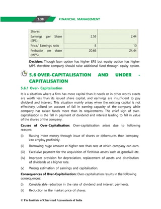© The Institute of Chartered Accountants of India
FINANCIAL MANAGEMENT
Shares
Earnings per Share
(EPS)
2.58 2.44
Price/ Earnings ratio 8 10
Probable per share
(MPS)
20.66 24.44
Decision: Though loan option has higher EPS but equity option has higher
MPS therefore company should raise additional fund through equity option.
5.6 OVER-CAPITALISATION AND UNDER -
CAPITALISATION
5.6.1 Over- Capitalisation
It is a situation where a firm has more capital than it needs or in other words assets
are worth less than its issued share capital, and earnings are insufficient to pay
dividend and interest. This situation mainly arises when the existing capital is not
effectively utilized on account of fall in earning capacity of the company while
company has raised funds more than its requirements. The chief sign of over-
capitalisation is the fall in payment of dividend and interest leading to fall in value
of the shares of the company.
Causes of Over-Capitalisation: Over-capitalisation arises due to following
reasons:
(i) Raising more money through issue of shares or debentures than company
can employ profitably.
(ii) Borrowing huge amount at higher rate than rate at which company can earn.
(iii) Excessive payment for the acquisition of fictitious assets such as goodwill etc.
(iv) Improper provision for depreciation, replacement of assets and distribution
of dividends at a higher rate.
(v) Wrong estimation of earnings and capitalisation.
Consequences of Over-Capitalisation: Over-capitalisation results in the following
consequences:
(i) Considerable reduction in the rate of dividend and interest payments.
(ii) Reduction in the market price of shares.
5.38
 