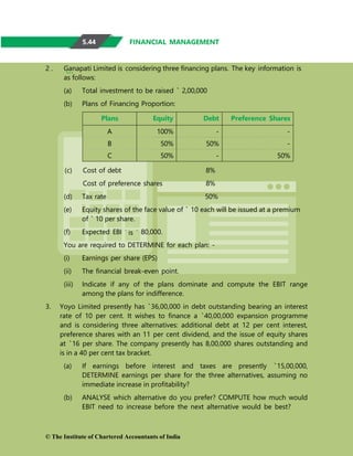 T is `
FINANCIAL MANAGEMENT
2 . Ganapati Limited is considering three financing plans. The key information is
as follows:
(a) Total investment to be raised ` 2,00,000
(b) Plans of Financing Proportion:
Plans Equity Debt Preference Shares
A 100% - -
B 50% 50% -
C 50% - 50%
(c) Cost of debt 8%
Cost of preference shares 8%
(d) Tax rate 50%
(e) Equity shares of the face value of ` 10 each will be issued at a premium
of ` 10 per share.
(f) Expected EBI 80,000.
You are required to DETERMINE for each plan: -
(i) Earnings per share (EPS)
(ii) The financial break-even point.
(iii) Indicate if any of the plans dominate and compute the EBIT range
among the plans for indifference.
3. Yoyo Limited presently has `36,00,000 in debt outstanding bearing an interest
rate of 10 per cent. It wishes to finance a `40,00,000 expansion programme
and is considering three alternatives: additional debt at 12 per cent interest,
preference shares with an 11 per cent dividend, and the issue of equity shares
at `16 per share. The company presently has 8,00,000 shares outstanding and
is in a 40 per cent tax bracket.
(a) If earnings before interest and taxes are presently `15,00,000,
DETERMINE earnings per share for the three alternatives, assuming no
immediate increase in profitability?
(b) ANALYSE which alternative do you prefer? COMPUTE how much would
EBIT need to increase before the next alternative would be best?
© The Institute of Chartered Accountants of India
5.44
 