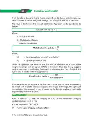 © The Institute of Chartered Accountants of India
Value of Firm (V) = S + D
Overall cost of capital =
EBIT
Value of the firm
FINANCIAL MANAGEMENT
From the above diagram, Ke and Kd are assumed not to change with leverage. As
debt increases, it causes weighted average cost of capital (WACC) to decrease.
The value of the firm on the basis of Net Income Approach can be ascertained as
follows:
Where,
V = Value of the firm
S = Market value of equity
D = Market value of debt
Where,
NI = Earnings available for equity shareholders
Ke
= Equity Capitalisation rate
Under, NI approach, the value of the firm will be maximum at a point where
weighted average cost of capital (WACC) is minimum. Thus, the theory suggests
total or maximum possible debt financing for minimising the cost of capital. The
overall cost of capital under this approach is:
Thus according to this approach, the firm can increase its total value by decreasing
its overall cost of capital through increasing the degree of leverage. The significant
conclusion of this approach is that it pleads for the firm to employ as much debt
as possible to maximise its value.
ILLUSTRATION 1
Rupa Ltd.’s EBIT is ` 5,00,000. The company has 10%,` 20 lakh debentures. The equity
capitalization rate i.e. Ke is 16%.
You are required to CALCULATE:
(i) Market value of equity and value of firm
Market value of equity (S) =
NI
K
e
5.6
 